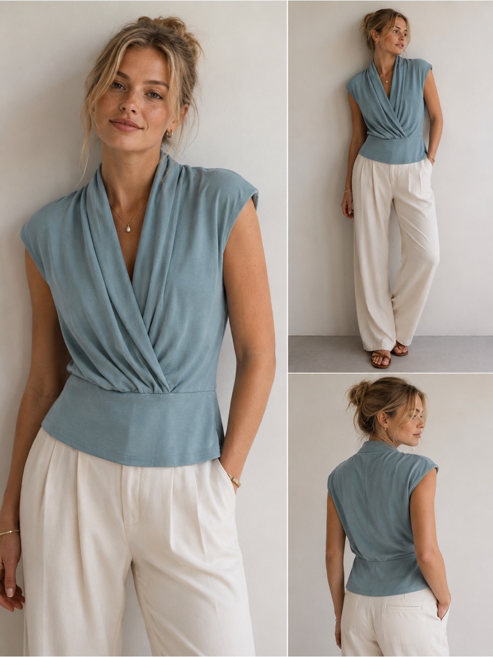 OGL Draped Wide-Leg Jumpsuit Top in Dusty Blue